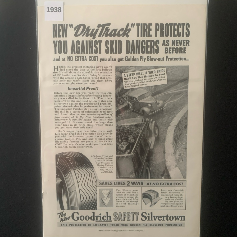 Vintage 1938 Goodrich Safety Silvertown New Dry Track Ad Advertisement